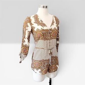 Tea & Cup Boho Paisley Brown Patchwork Festival ROMPER JUMPSUIT JUMPER Small